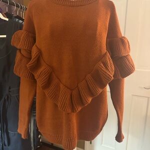 Ruffled V-Detail Crew Sweater in Rust Orange